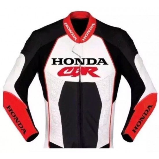 Honda CBR Custom Motorcycle Leather Racing Jacket White Black Red