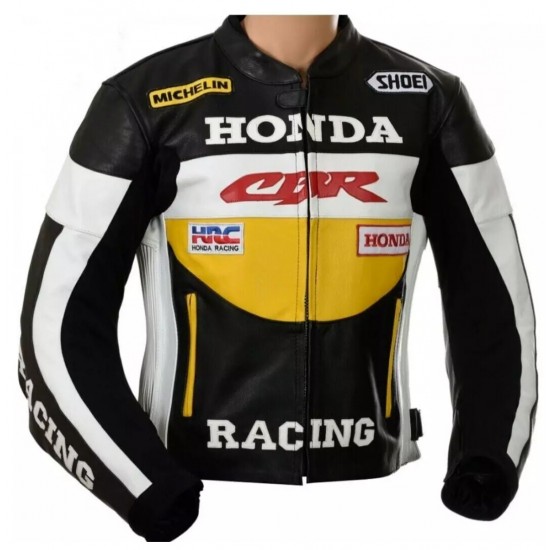 Honda CBR HRC Custom Motorcycle Leather Racing Jacket Black White Yellow