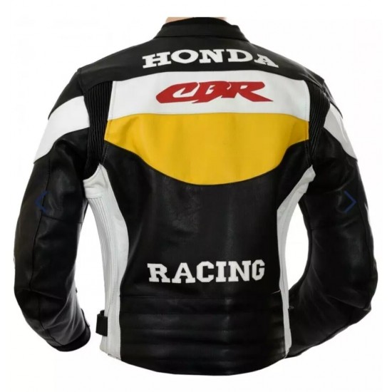 Honda CBR HRC Custom Motorcycle Leather Racing Jacket Black White Yellow