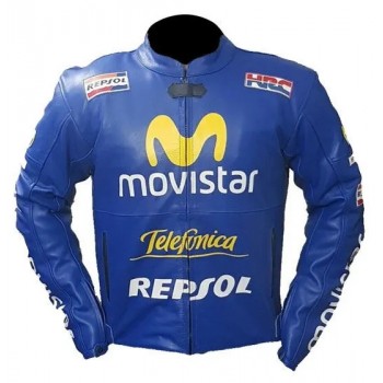 Honda Repsol Movistar Custom Motorcycle Leather Racing Jacket Blue