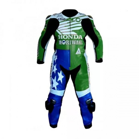 Honda Moriwaki Custom Motorcycle Leather Racing Suit Green Blue White