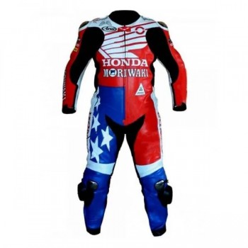 Honda Moriwaki Custom Motorcycle Leather Racing Suit Red Blue White