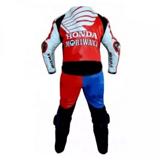 Honda Moriwaki Custom Motorcycle Leather Racing Suit Red Blue White