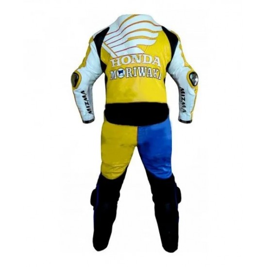 Honda Moriwaki Custom Motorcycle Leather Racing Suit Yellow Blue White