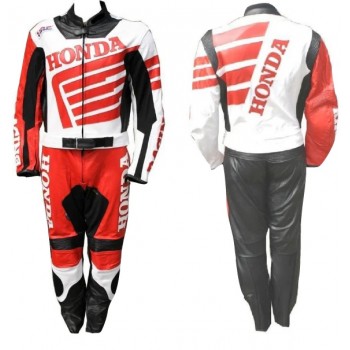 HONDA MOTORCYCLE RED AND WHITE TWO PIECE LEATHER RACING SUIT