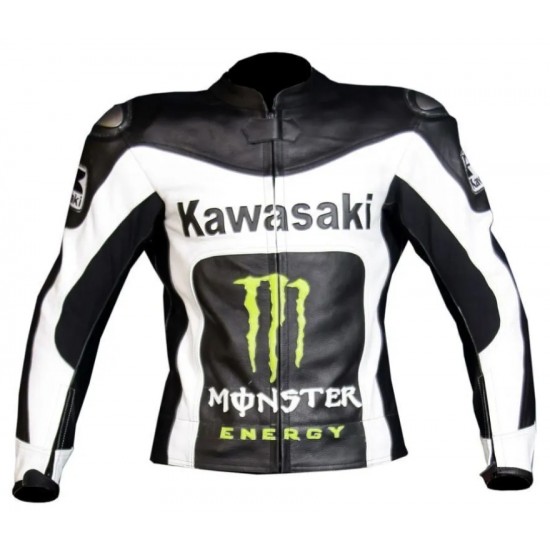 Kawasaki Monster Energy Custom Motorcycle Leather Racing Jacket White Black