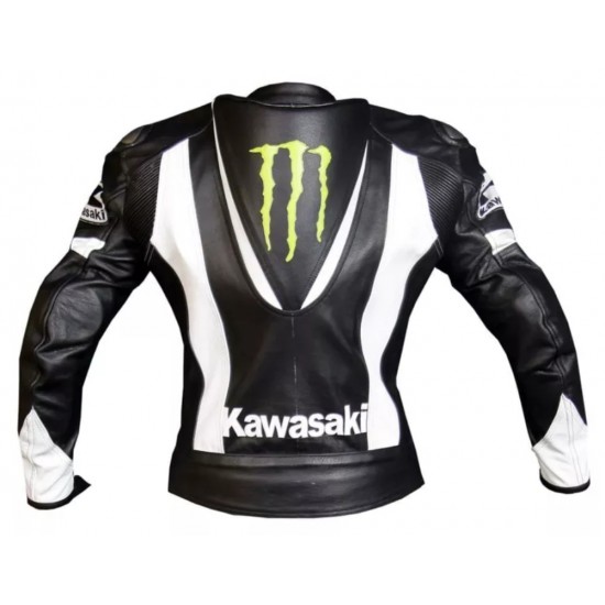 Kawasaki Monster Energy Custom Motorcycle Leather Racing Jacket White Black