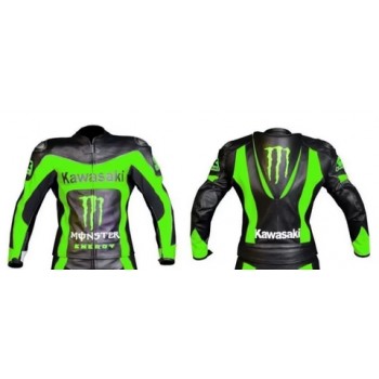 KAWASAKI NINJA MOTORCYCLE BIKER LEATHER BLACK RACING CUSTOM SPRING GREEN JACKET