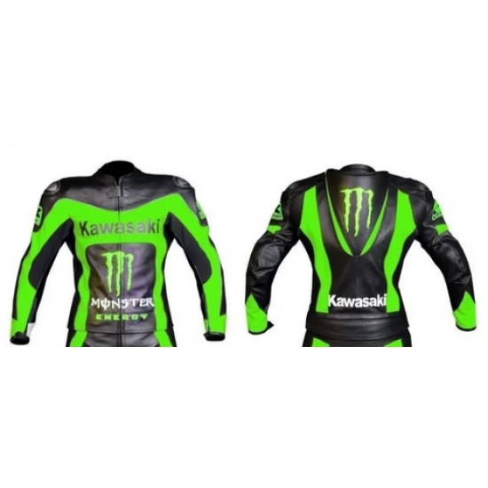 KAWASAKI NINJA MOTORCYCLE BIKER LEATHER BLACK RACING CUSTOM SPRING GREEN JACKET