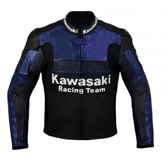 MEN KAWASAKI MONSTER MOTORCYCLE BLUE LEATHER RACING JACKET