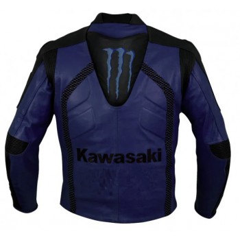 MEN KAWASAKI MONSTER MOTORCYCLE BLUE LEATHER RACING JACKET