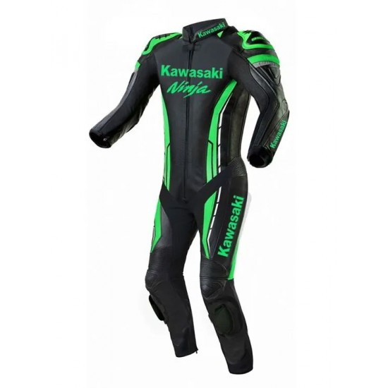 Custom Kawasaki Ninja Motorbike Leather Racing Suit Black Green